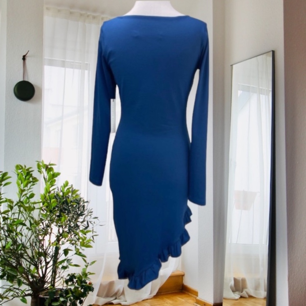 Susana Monaco Imperial Blue Long Sleeve Curved Ruffle Hem Dress - Picture 6 of 13